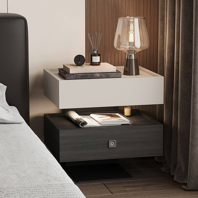 Modern Walnut/Khaki Open Storage Nightstand with Lighting サブ画像