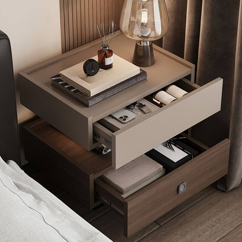 Modern Walnut/Khaki Open Storage Nightstand with Lighting