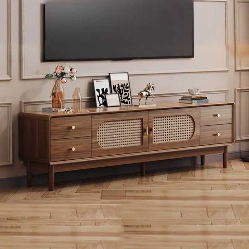 Modern Walnut TV Stand with Drawers, Cabinets & Cable Management