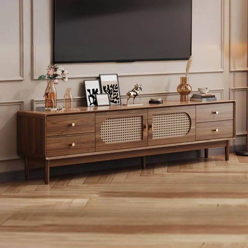Modern Walnut TV Stand with Drawers, Cabinets & Cable Management