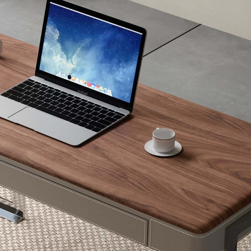Modern Walnut Veneer Writing Desk With Leather Drawers