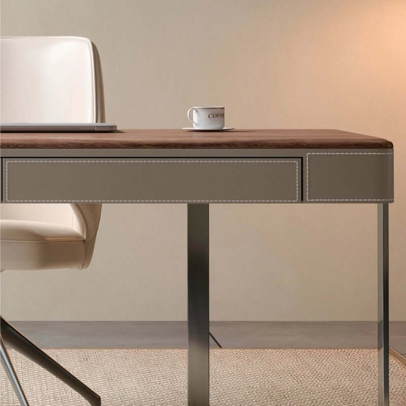 Modern Walnut Veneer Writing Desk With Leather Drawers