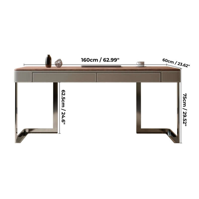 Modern Walnut Veneer Writing Desk With Leather Drawers