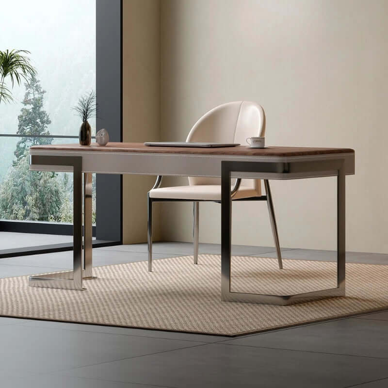Modern Walnut Veneer Writing Desk With Leather Drawers
