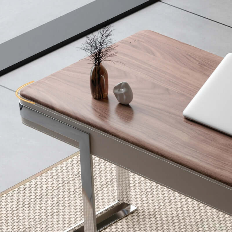 Modern Walnut Veneer Writing Desk With Leather Drawers