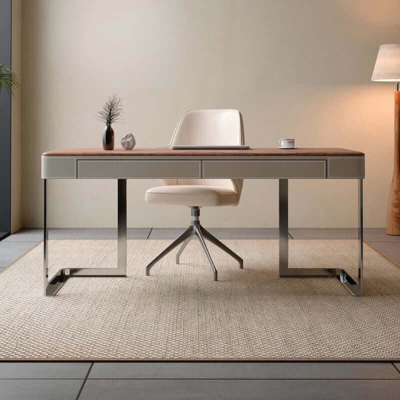 Modern Walnut Veneer Writing Desk With Leather Drawers