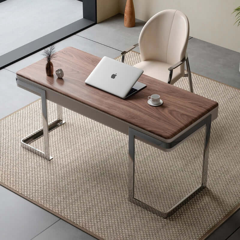 Modern Walnut Veneer Writing Desk With Leather Drawers Main Product Image メイン画像