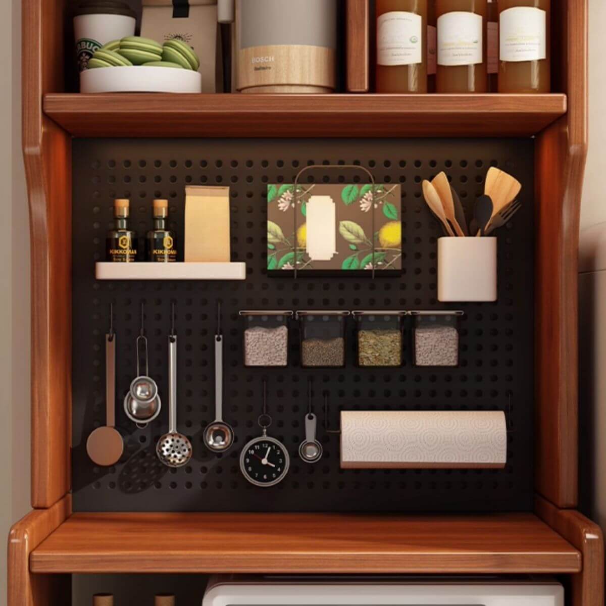 Modern Walnut Wood Kitchen Storage Cabinet with Open Shelving