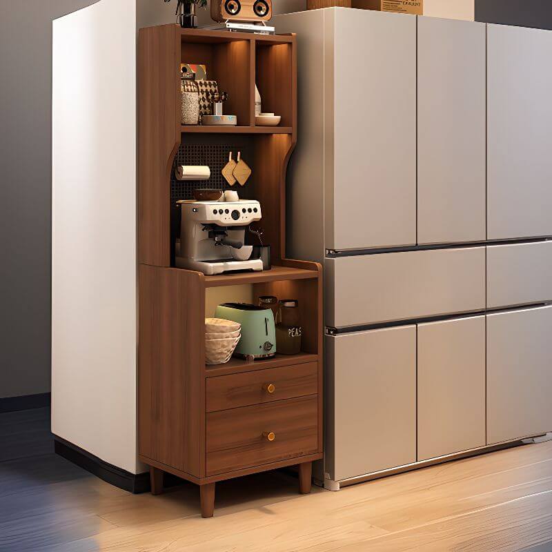 Modern Walnut Wood Kitchen Storage Cabinet with Open Shelving