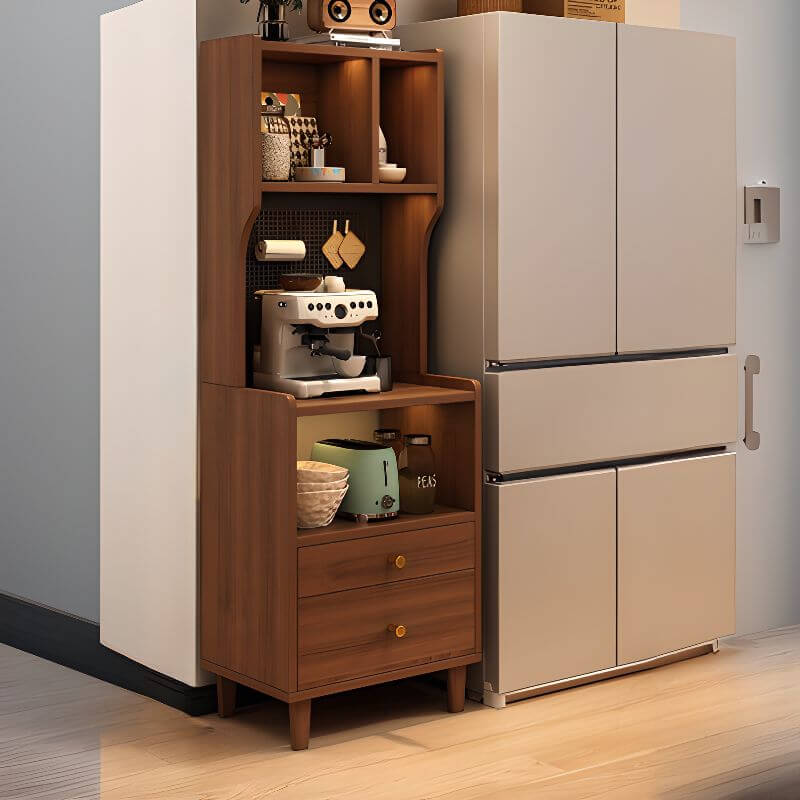 Modern Walnut Wood Kitchen Storage Cabinet with Open Shelving