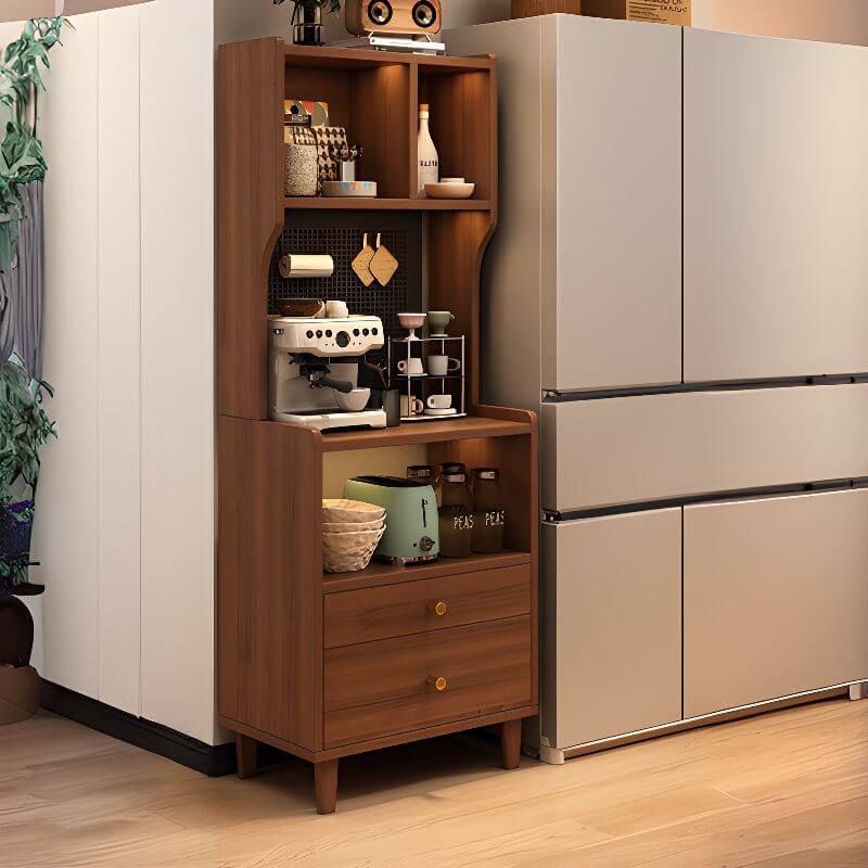 Modern Walnut Wood Kitchen Storage Cabinet with Open Shelving