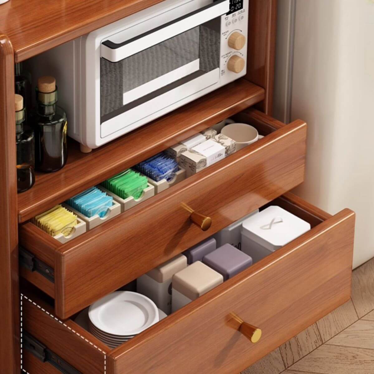 Modern Walnut Wood Kitchen Storage Cabinet with Open Shelving