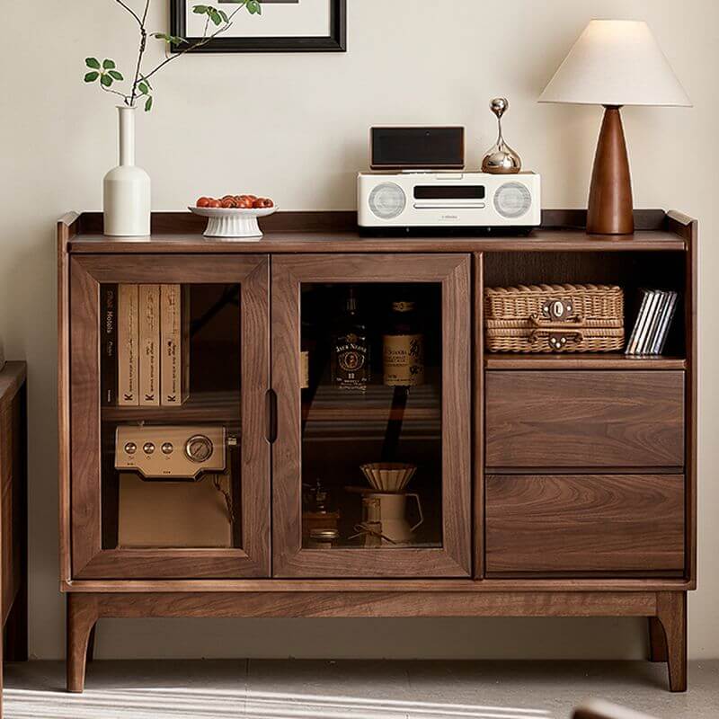 Modern Walnut Wood Sideboard With Cabinets And Drawers