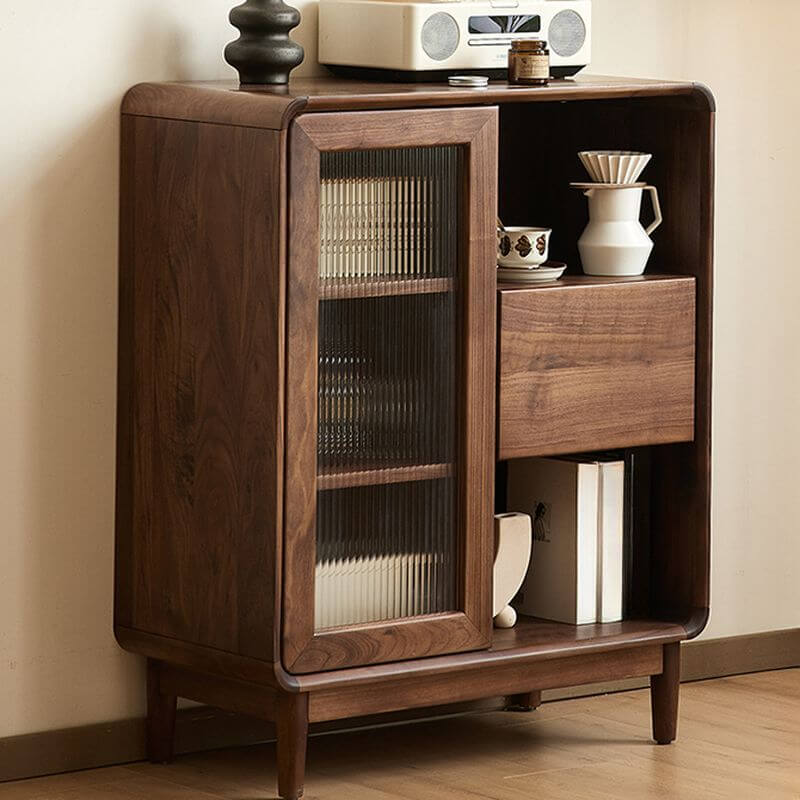 Modern Walnut Wood Sideboard with Fluted Glass and Open Shelving Main Product Image Main image