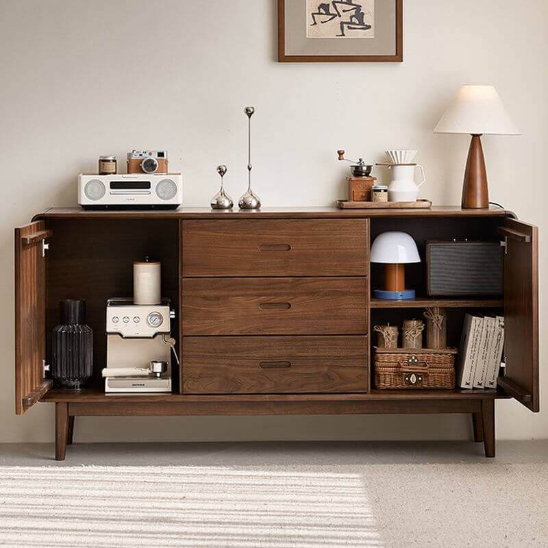 Modern Walnut Wood Sideboard with Hidden-Detail Drawers and Tapered Legs