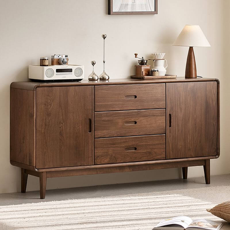 Modern Walnut Wood Sideboard with Hidden-Detail Drawers and Tapered Legs Main Product Image Main image