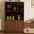 Modern Walnut Wood Sideboard with Open Storage and Cabinets