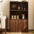 Modern Walnut Wood Sideboard with Open Storage and Cabinets
