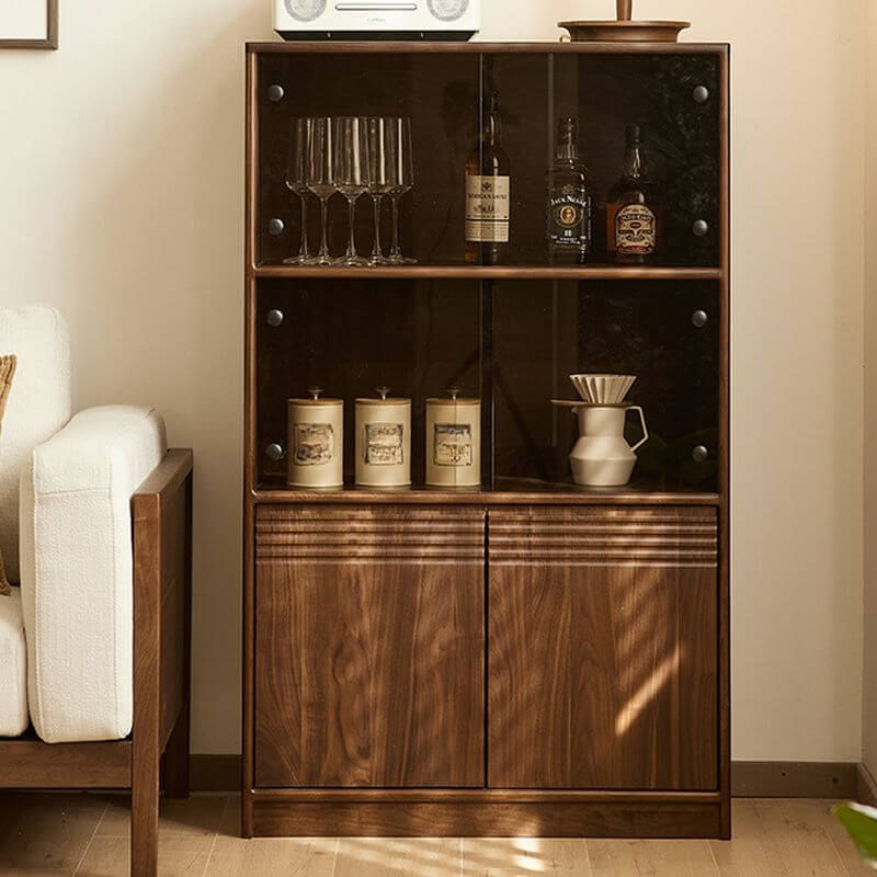 Modern Walnut Wood Sideboard with Open Storage and Cabinets