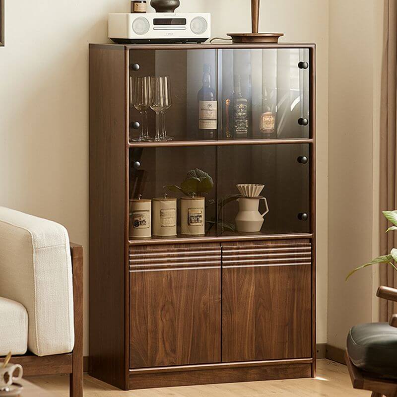 Modern Walnut Wood Sideboard with Open Storage and Cabinets Main Product Image