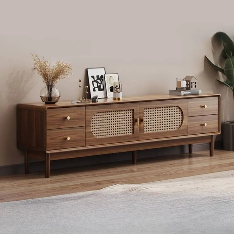 Modern Walnut Wood TV Stand with Rattan Accents and Storage