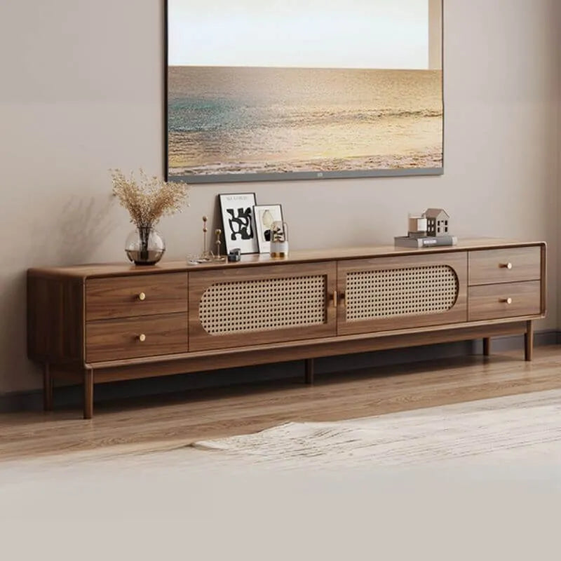 Modern Walnut Wood TV Stand with Rattan Accents and Storage