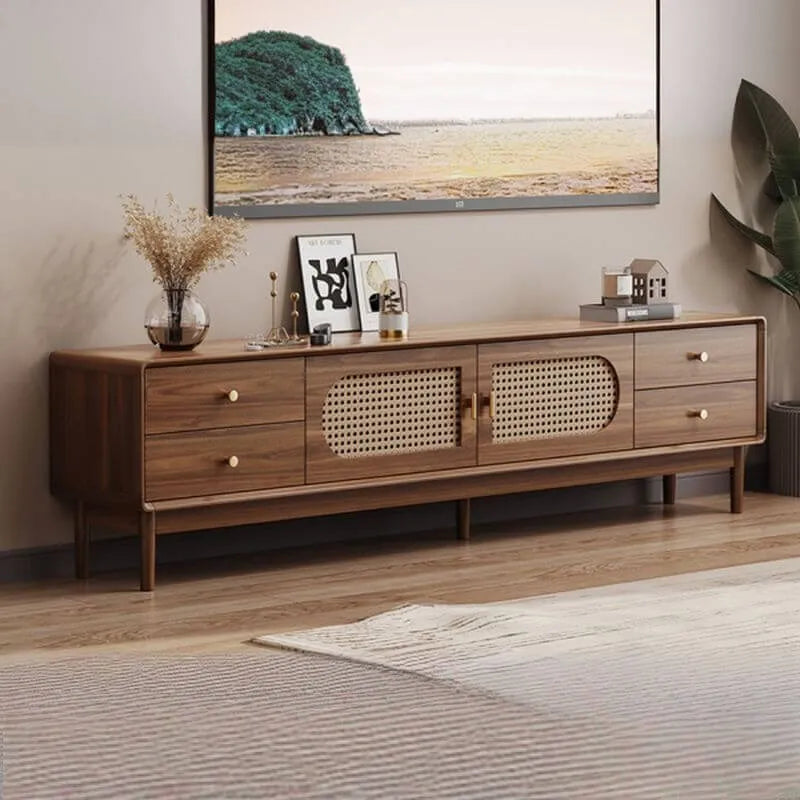 Modern Walnut Wood TV Stand with Rattan Accents and Storage