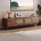Modern Walnut Wood TV Stand with Rattan Accents and Storage