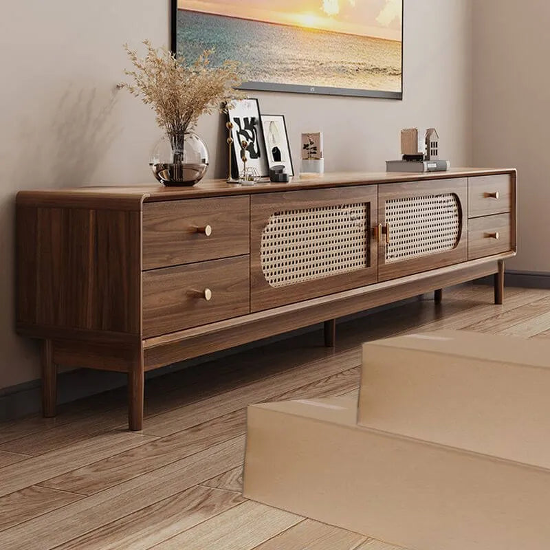 Modern Walnut Wood TV Stand with Rattan Accents and Storage Secondary image