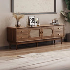 Modern Walnut Wood TV Stand with Rattan Accents and Storage
