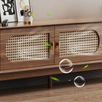 Modern Walnut Wood TV Stand with Rattan Accents and Storage