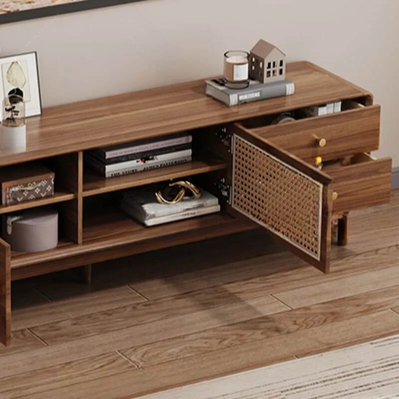 Modern Walnut Wood TV Stand with Rattan Accents and Storage