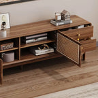 Modern Walnut Wood TV Stand with Rattan Accents and Storage