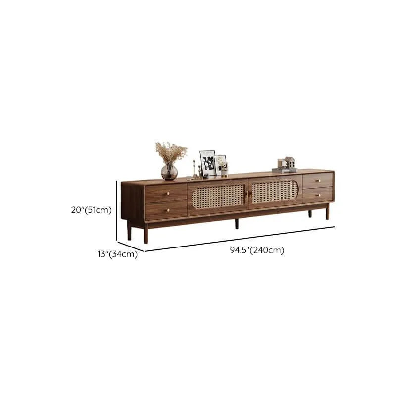 Modern Walnut Wood TV Stand with Rattan Accents and Storage Dimensions