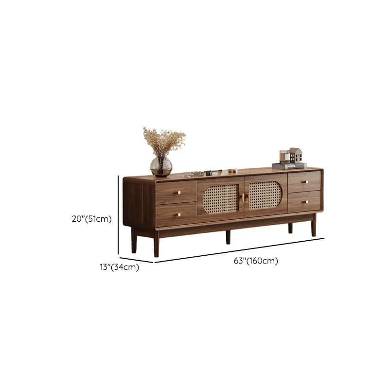 Modern Walnut Wood TV Stand with Rattan Accents and Storage Dimensions