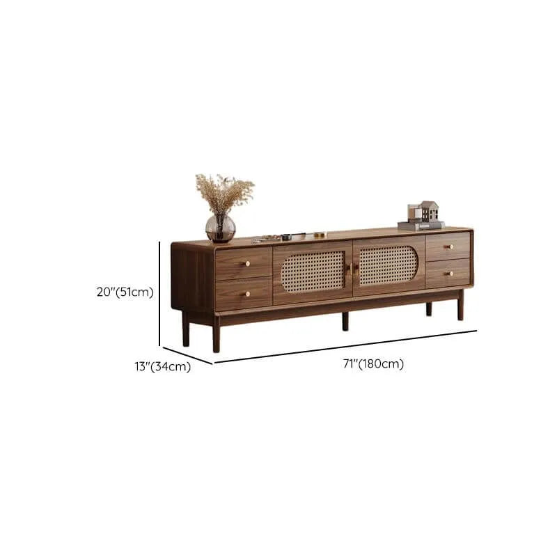 Modern Walnut Wood TV Stand with Rattan Accents and Storage Dimensions