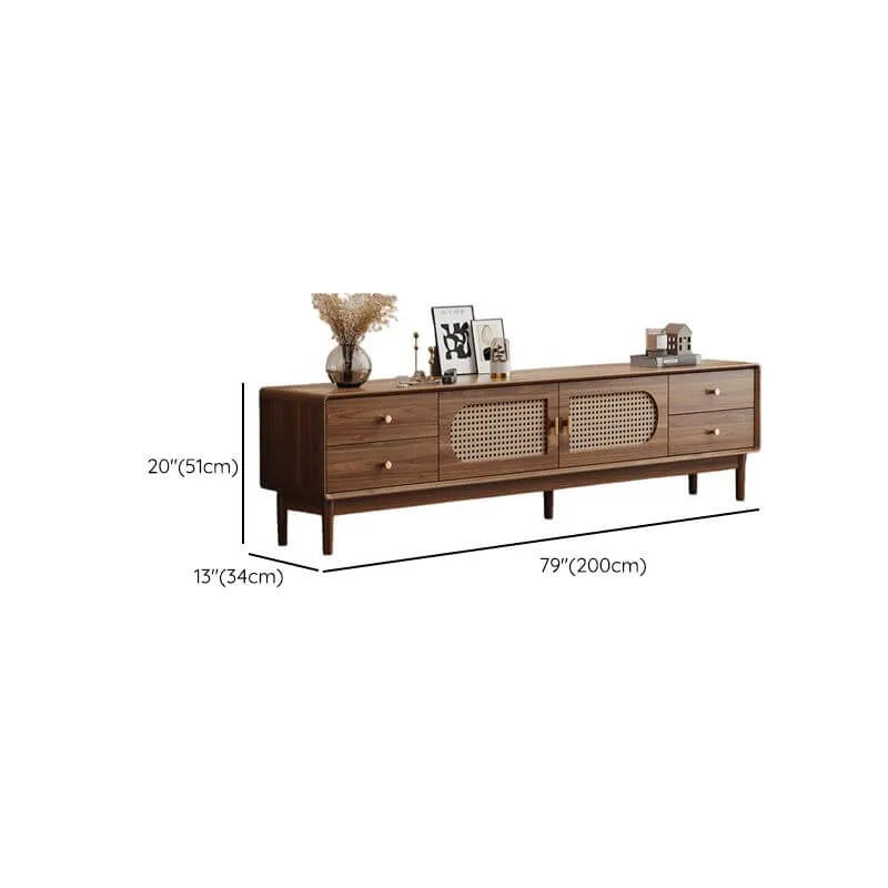 Modern Walnut Wood TV Stand with Rattan Accents and Storage Dimensions