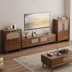Modern Walnut Wood TV Stand with Rattan Accents and Storage Main Product Image