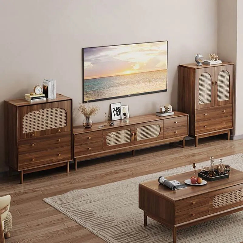 Modern Walnut Wood TV Stand with Rattan Accents and Storage Main Product Image Main image