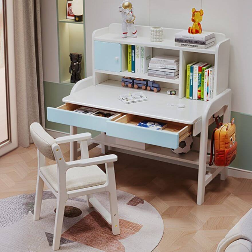 Modern White and Blue Writing Desk with Storage for Kids
