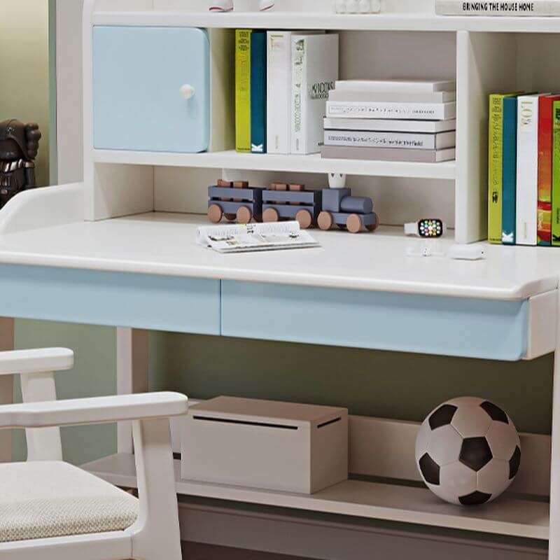 Modern White and Blue Writing Desk with Storage for Kids