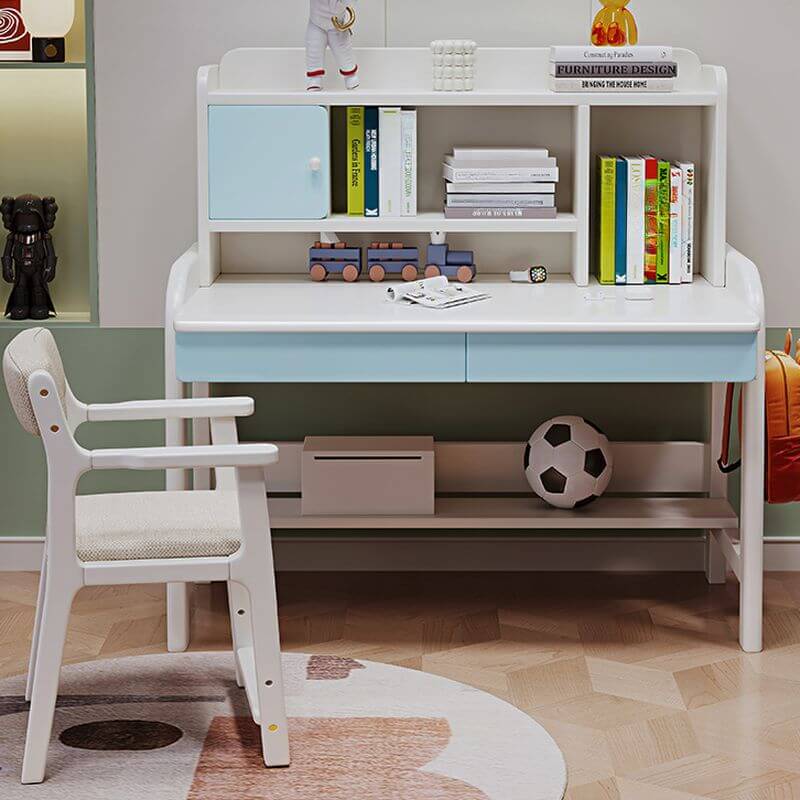 Modern White and Blue Writing Desk with Storage for Kids Main Product Image メイン画像