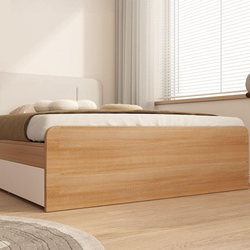 Modern White and Light Oak Storage Bed with Soft Upholstered Headboard
