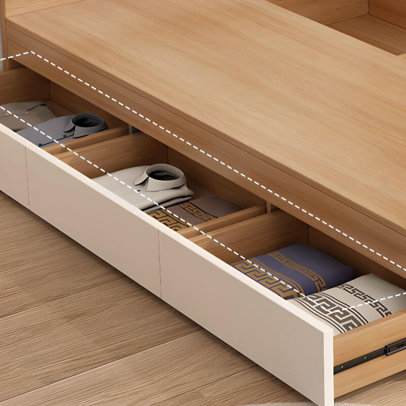 Modern White and Light Oak Storage Bed with Soft Upholstered Headboard