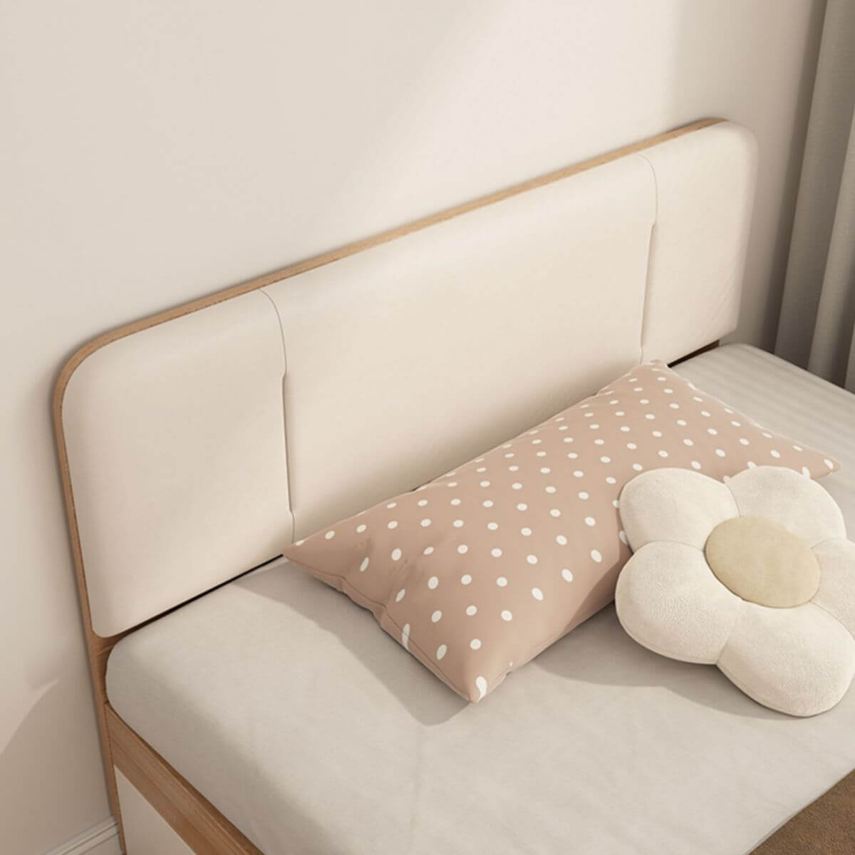 Modern White and Light Oak Storage Bed with Soft Upholstered Headboard