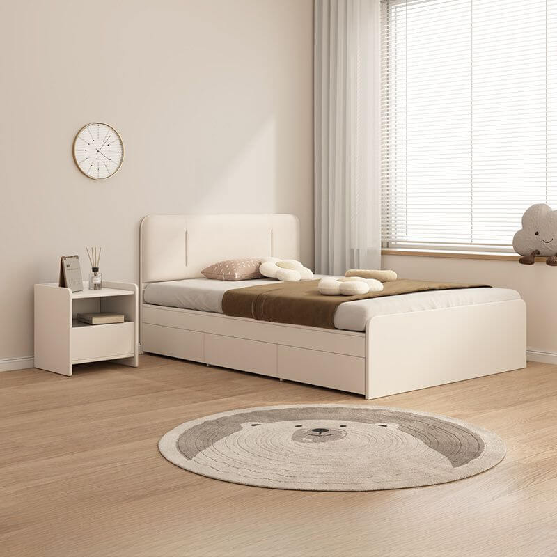 Modern White and Light Oak Storage Bed with Soft Upholstered Headboard