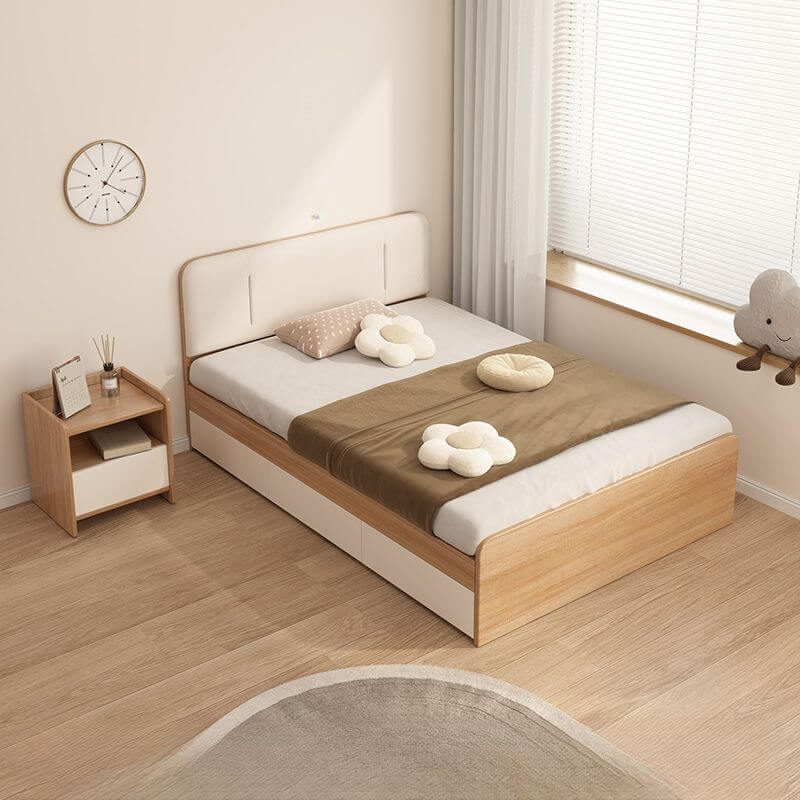 Modern White and Light Oak Storage Bed with Soft Upholstered Headboard Main Product Image Main image