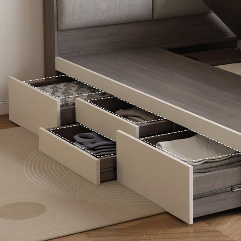 Modern White and Light Wood Platform Bed with Upholstered Headboard and Storage Drawers