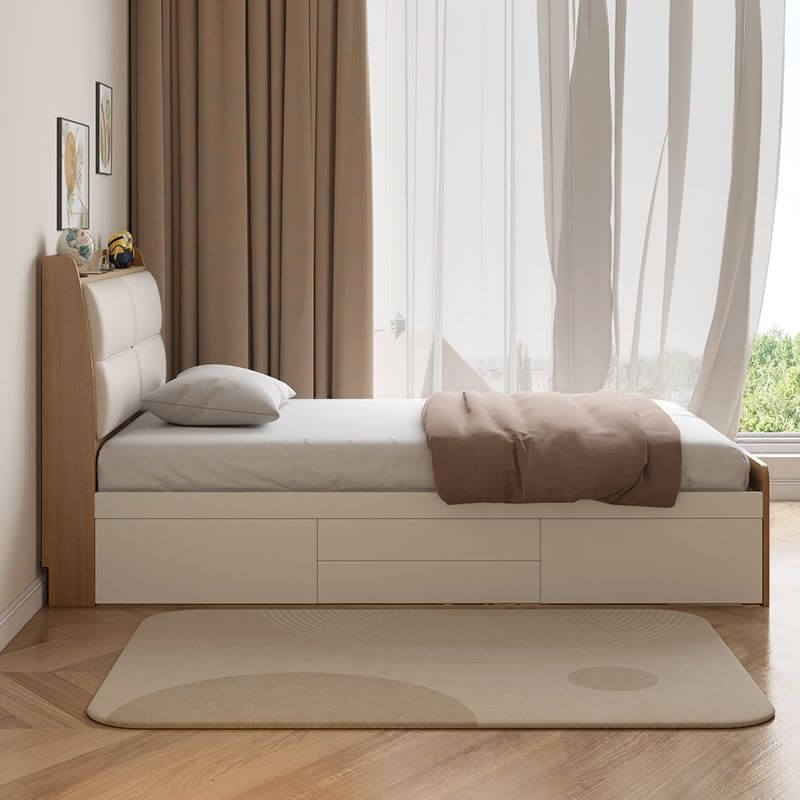 Modern White and Light Wood Platform Bed with Upholstered Headboard and Storage Drawers Main Product Image
