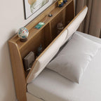 Modern White and Light Wood Platform Bed with Upholstered Headboard and Storage Drawers
